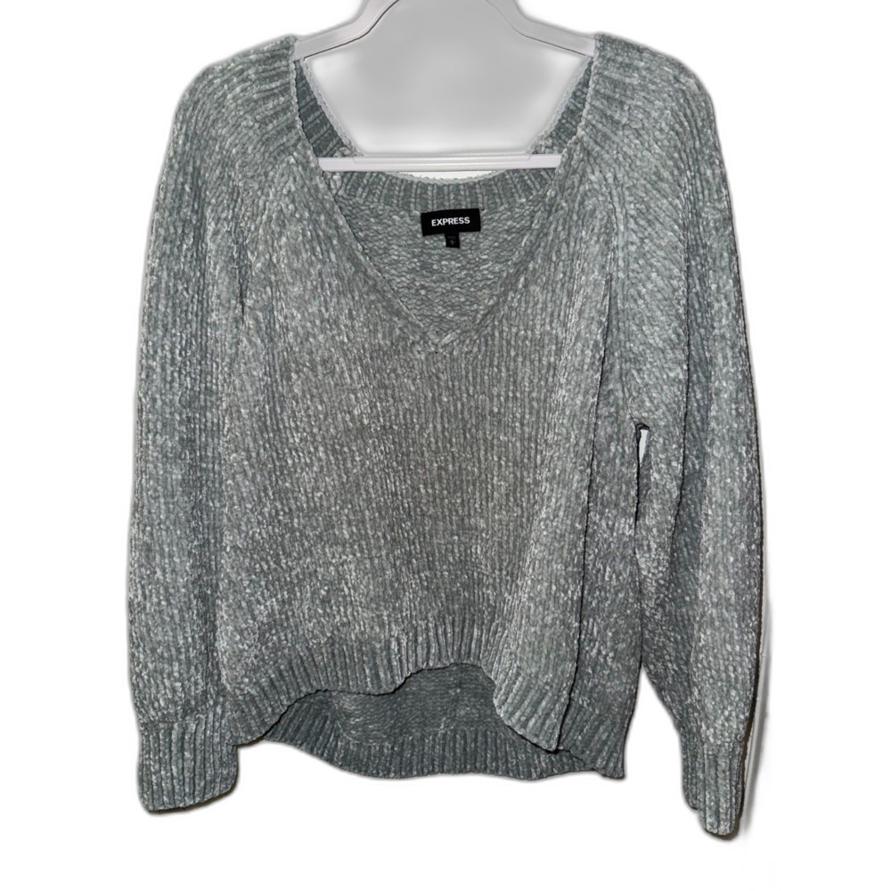 Express Chenille Knit V-Neck Sweater Sage Green Gray Large Oversized Cozy